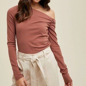 Asymmetrical Neck Ribbed Knit Top - Clay